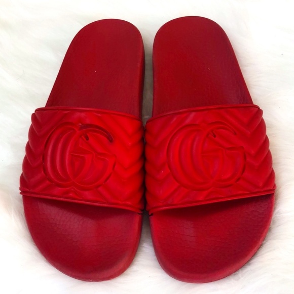 Gucci Authentic Mens Red  Signature Print Wide Strap Slide Sandals 9 - Picture 1 of 9